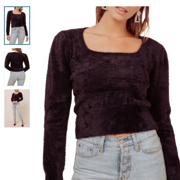 Black colored Fuzzy Crop Square Neck Sweater - Picture 1 of 3